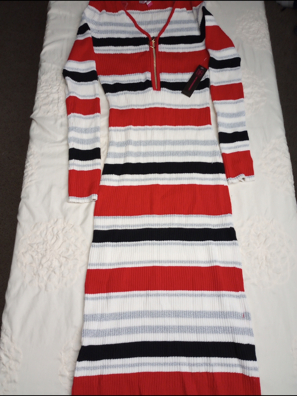 No Boundaries Red, White & Silver Metallic Striped Knit Dress Size L (11-13)